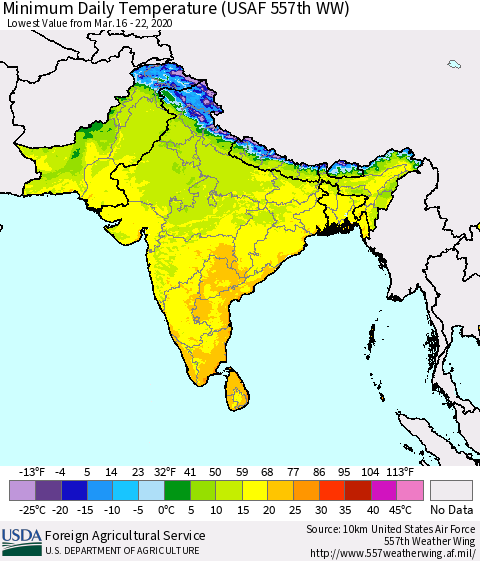Southern Asia Minimum Daily Temperature (USAF 557th WW) Thematic Map For 3/16/2020 - 3/22/2020