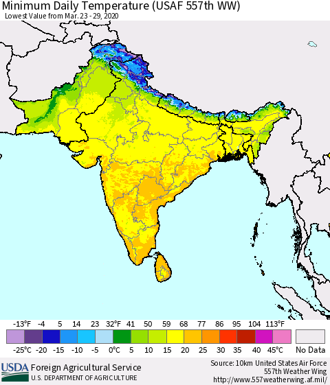Southern Asia Minimum Daily Temperature (USAF 557th WW) Thematic Map For 3/23/2020 - 3/29/2020
