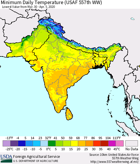 Southern Asia Minimum Daily Temperature (USAF 557th WW) Thematic Map For 3/30/2020 - 4/5/2020