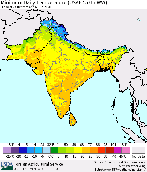 Southern Asia Minimum Daily Temperature (USAF 557th WW) Thematic Map For 4/6/2020 - 4/12/2020