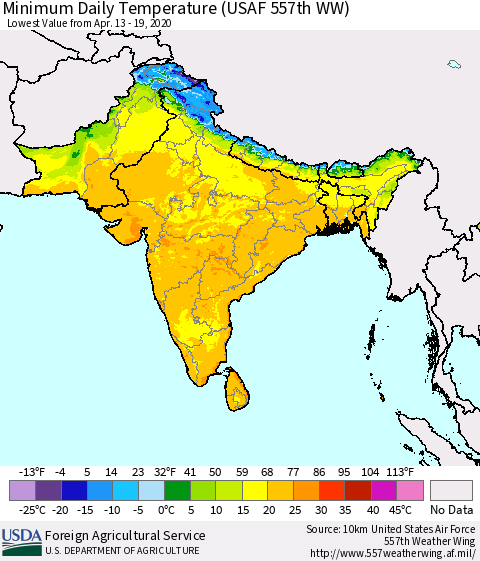 Southern Asia Minimum Daily Temperature (USAF 557th WW) Thematic Map For 4/13/2020 - 4/19/2020