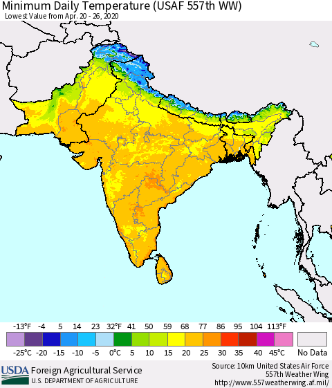 Southern Asia Minimum Daily Temperature (USAF 557th WW) Thematic Map For 4/20/2020 - 4/26/2020
