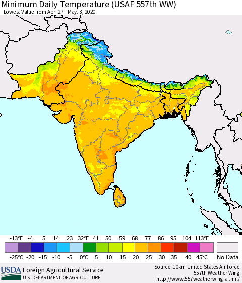 Southern Asia Minimum Daily Temperature (USAF 557th WW) Thematic Map For 4/27/2020 - 5/3/2020