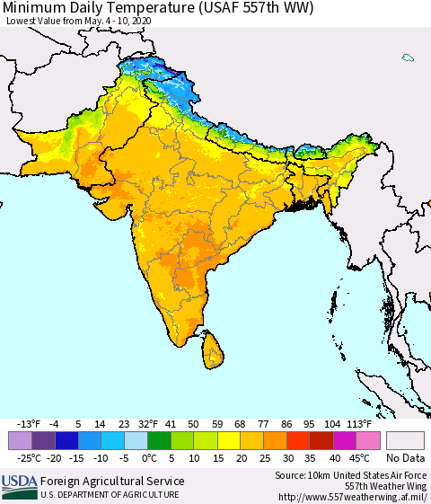 Southern Asia Minimum Daily Temperature (USAF 557th WW) Thematic Map For 5/4/2020 - 5/10/2020