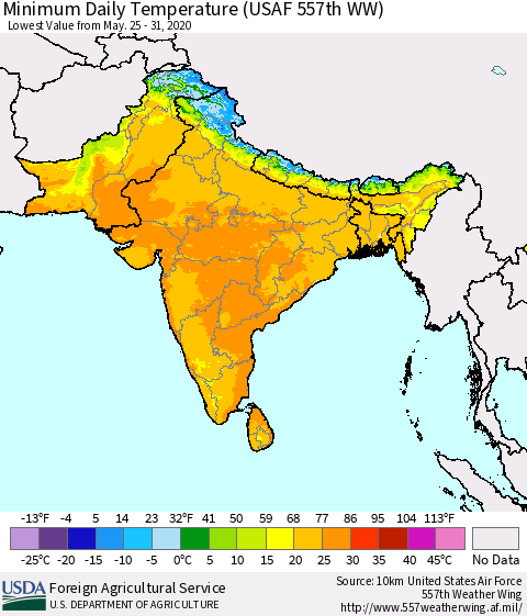 Southern Asia Extreme Minimum Temperature (USAF 557th WW) Thematic Map For 5/25/2020 - 5/31/2020