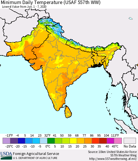 Southern Asia Minimum Daily Temperature (USAF 557th WW) Thematic Map For 6/1/2020 - 6/7/2020