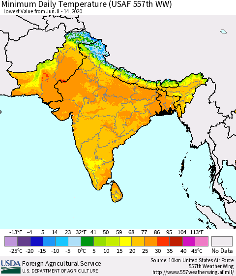 Southern Asia Minimum Daily Temperature (USAF 557th WW) Thematic Map For 6/8/2020 - 6/14/2020