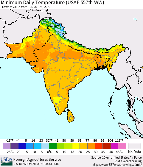 Southern Asia Minimum Daily Temperature (USAF 557th WW) Thematic Map For 7/20/2020 - 7/26/2020