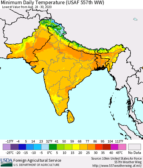 Southern Asia Extreme Minimum Temperature (USAF 557th WW) Thematic Map For 8/24/2020 - 8/30/2020