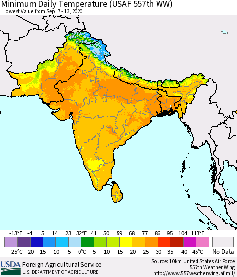 Southern Asia Minimum Daily Temperature (USAF 557th WW) Thematic Map For 9/7/2020 - 9/13/2020