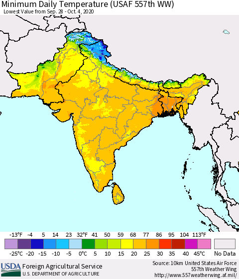 Southern Asia Extreme Minimum Temperature (USAF 557th WW) Thematic Map For 9/28/2020 - 10/4/2020