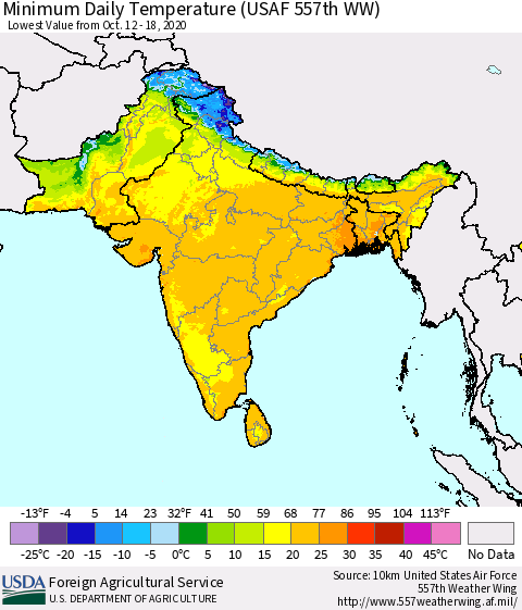 Southern Asia Extreme Minimum Temperature (USAF 557th WW) Thematic Map For 10/12/2020 - 10/18/2020