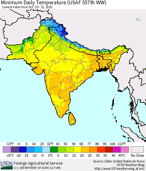 Southern Asia Minimum Daily Temperature (USAF 557th WW) Thematic Map For 10/19/2020 - 10/25/2020
