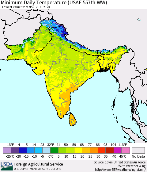 Southern Asia Minimum Daily Temperature (USAF 557th WW) Thematic Map For 11/2/2020 - 11/8/2020