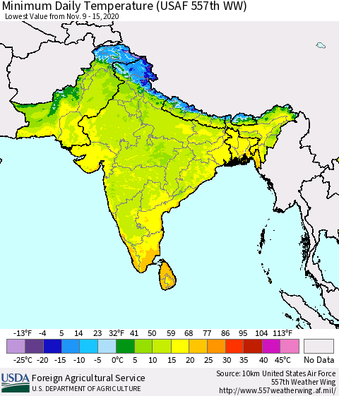 Southern Asia Minimum Daily Temperature (USAF 557th WW) Thematic Map For 11/9/2020 - 11/15/2020