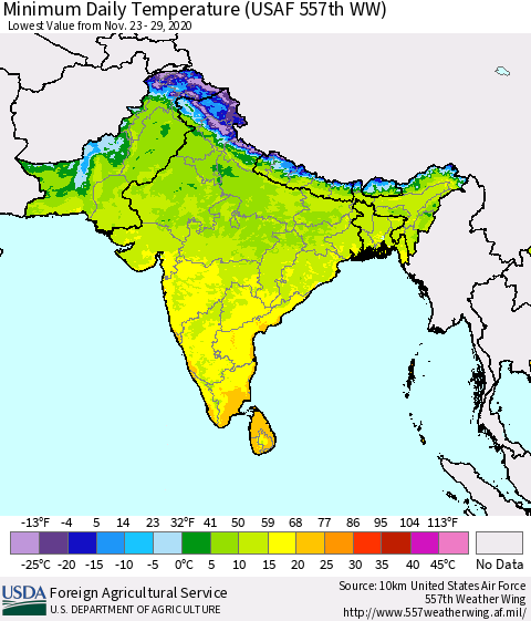 Southern Asia Minimum Daily Temperature (USAF 557th WW) Thematic Map For 11/23/2020 - 11/29/2020