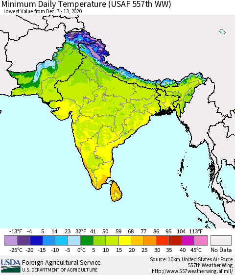 Southern Asia Minimum Daily Temperature (USAF 557th WW) Thematic Map For 12/7/2020 - 12/13/2020