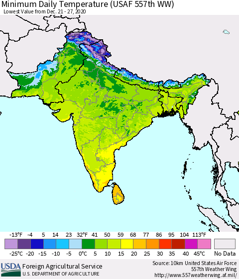 Southern Asia Minimum Daily Temperature (USAF 557th WW) Thematic Map For 12/21/2020 - 12/27/2020