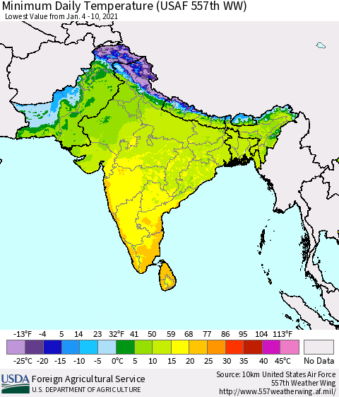 Southern Asia Minimum Daily Temperature (USAF 557th WW) Thematic Map For 1/4/2021 - 1/10/2021