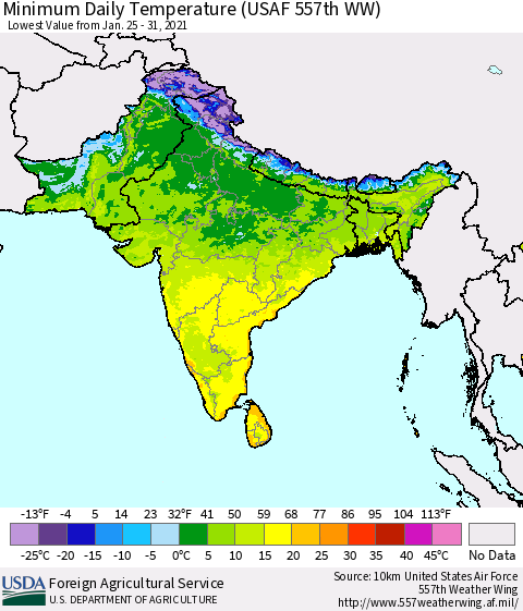 Southern Asia Minimum Daily Temperature (USAF 557th WW) Thematic Map For 1/25/2021 - 1/31/2021