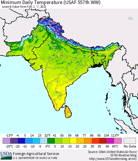 Southern Asia Minimum Daily Temperature (USAF 557th WW) Thematic Map For 2/1/2021 - 2/7/2021