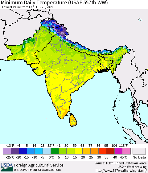 Southern Asia Minimum Daily Temperature (USAF 557th WW) Thematic Map For 2/15/2021 - 2/21/2021