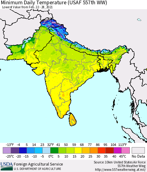 Southern Asia Minimum Daily Temperature (USAF 557th WW) Thematic Map For 2/22/2021 - 2/28/2021