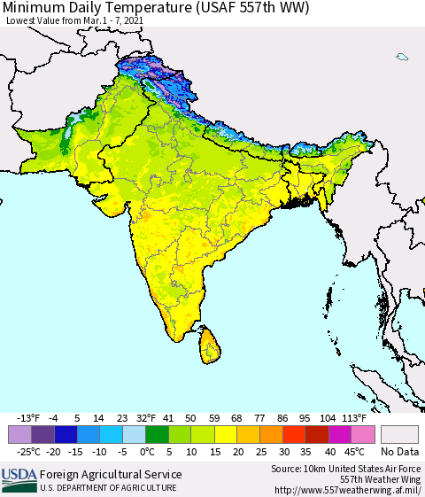Southern Asia Minimum Daily Temperature (USAF 557th WW) Thematic Map For 3/1/2021 - 3/7/2021