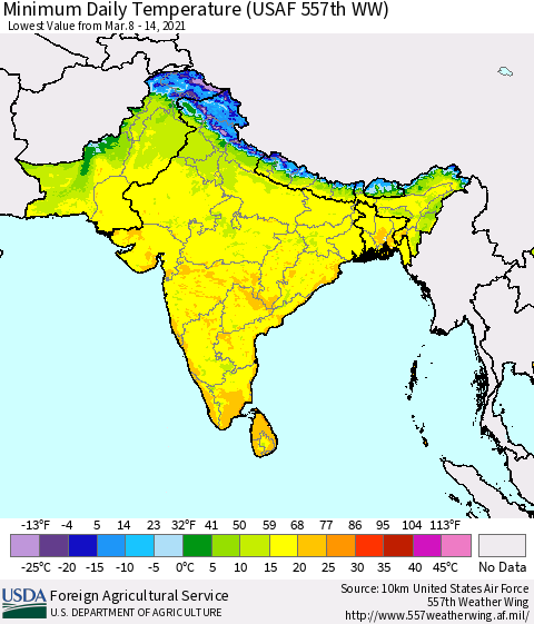 Southern Asia Minimum Daily Temperature (USAF 557th WW) Thematic Map For 3/8/2021 - 3/14/2021