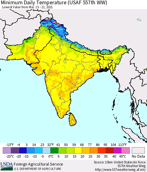 Southern Asia Minimum Daily Temperature (USAF 557th WW) Thematic Map For 3/15/2021 - 3/21/2021