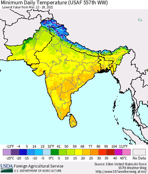 Southern Asia Minimum Daily Temperature (USAF 557th WW) Thematic Map For 3/22/2021 - 3/28/2021