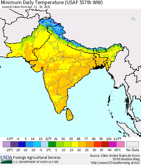 Southern Asia Minimum Daily Temperature (USAF 557th WW) Thematic Map For 4/12/2021 - 4/18/2021