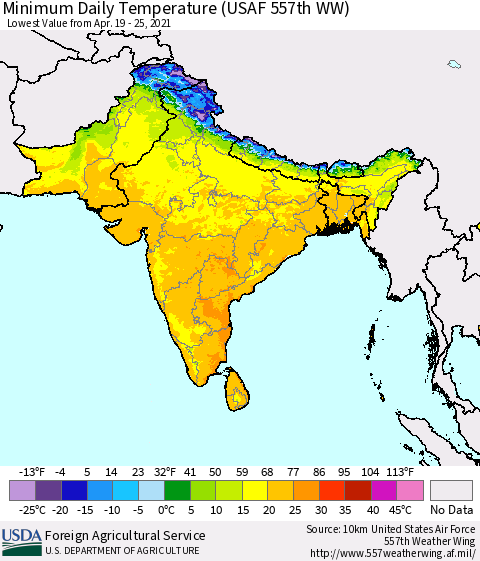Southern Asia Minimum Daily Temperature (USAF 557th WW) Thematic Map For 4/19/2021 - 4/25/2021