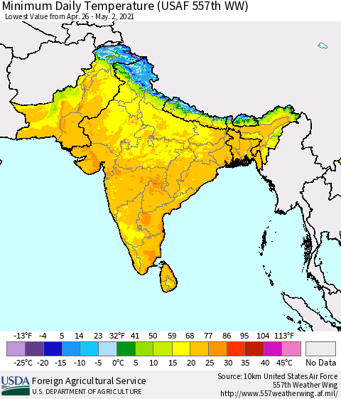 Southern Asia Minimum Daily Temperature (USAF 557th WW) Thematic Map For 4/26/2021 - 5/2/2021