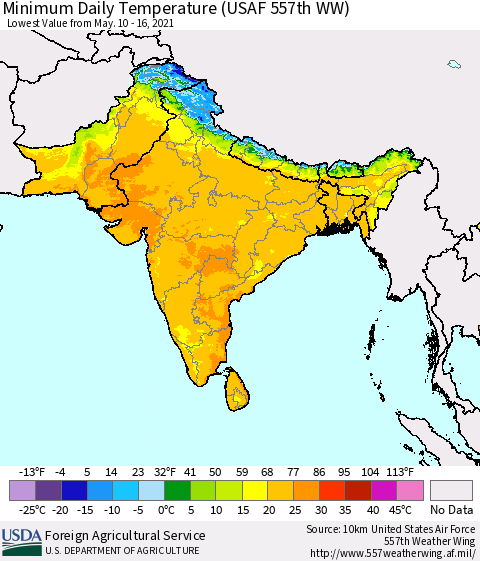 Southern Asia Extreme Minimum Temperature (USAF 557th WW) Thematic Map For 5/10/2021 - 5/16/2021