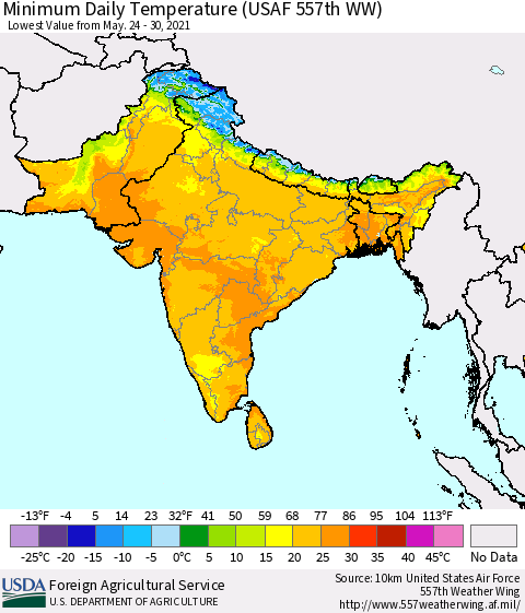 Southern Asia Minimum Daily Temperature (USAF 557th WW) Thematic Map For 5/24/2021 - 5/30/2021