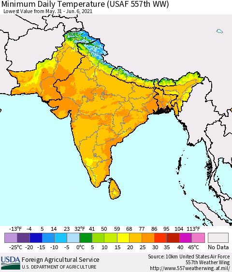 Southern Asia Extreme Minimum Temperature (USAF 557th WW) Thematic Map For 5/31/2021 - 6/6/2021