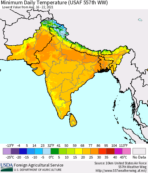 Southern Asia Extreme Minimum Temperature (USAF 557th WW) Thematic Map For 8/16/2021 - 8/22/2021