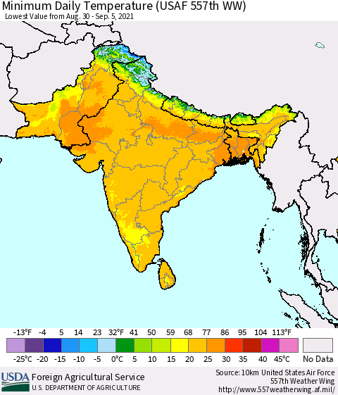 Southern Asia Extreme Minimum Temperature (USAF 557th WW) Thematic Map For 8/30/2021 - 9/5/2021