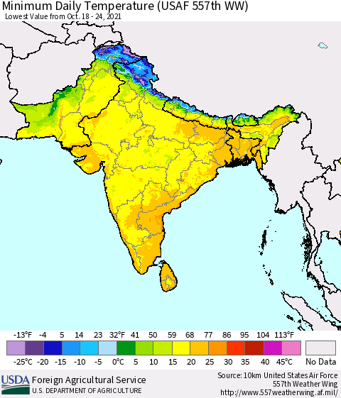 Southern Asia Minimum Daily Temperature (USAF 557th WW) Thematic Map For 10/18/2021 - 10/24/2021