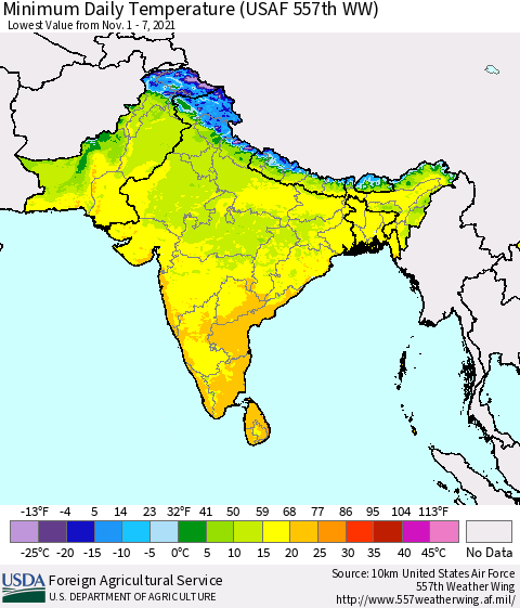Southern Asia Minimum Daily Temperature (USAF 557th WW) Thematic Map For 11/1/2021 - 11/7/2021