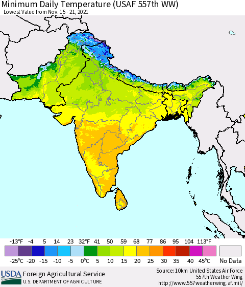Southern Asia Minimum Daily Temperature (USAF 557th WW) Thematic Map For 11/15/2021 - 11/21/2021