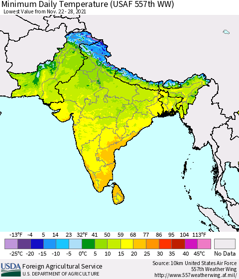 Southern Asia Minimum Daily Temperature (USAF 557th WW) Thematic Map For 11/22/2021 - 11/28/2021