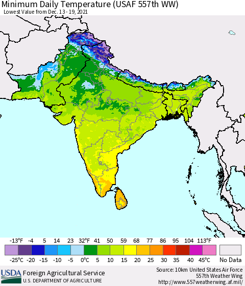 Southern Asia Minimum Daily Temperature (USAF 557th WW) Thematic Map For 12/13/2021 - 12/19/2021