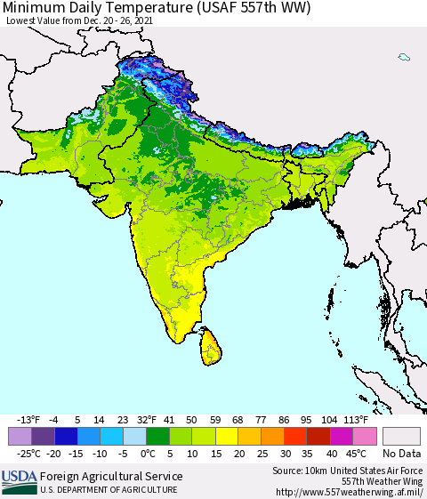 Southern Asia Extreme Minimum Temperature (USAF 557th WW) Thematic Map For 12/20/2021 - 12/26/2021