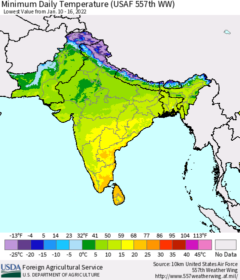 Southern Asia Minimum Daily Temperature (USAF 557th WW) Thematic Map For 1/10/2022 - 1/16/2022