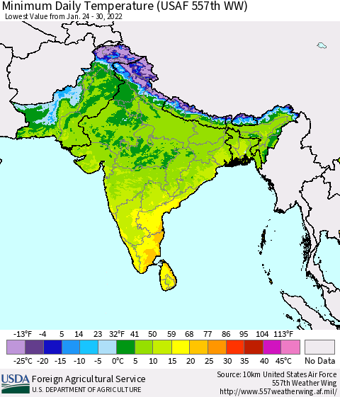 Southern Asia Minimum Daily Temperature (USAF 557th WW) Thematic Map For 1/24/2022 - 1/30/2022