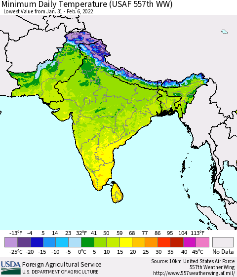 Southern Asia Minimum Daily Temperature (USAF 557th WW) Thematic Map For 1/31/2022 - 2/6/2022