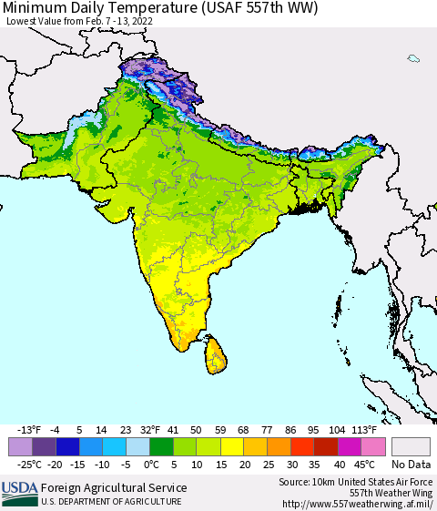 Southern Asia Minimum Daily Temperature (USAF 557th WW) Thematic Map For 2/7/2022 - 2/13/2022