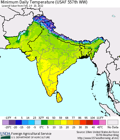 Southern Asia Minimum Daily Temperature (USAF 557th WW) Thematic Map For 2/14/2022 - 2/20/2022